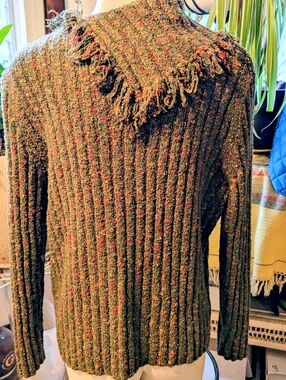 Alfred Dunner Ribbed Dark Olive Heathered Fringe Collar Sweater Sz xL